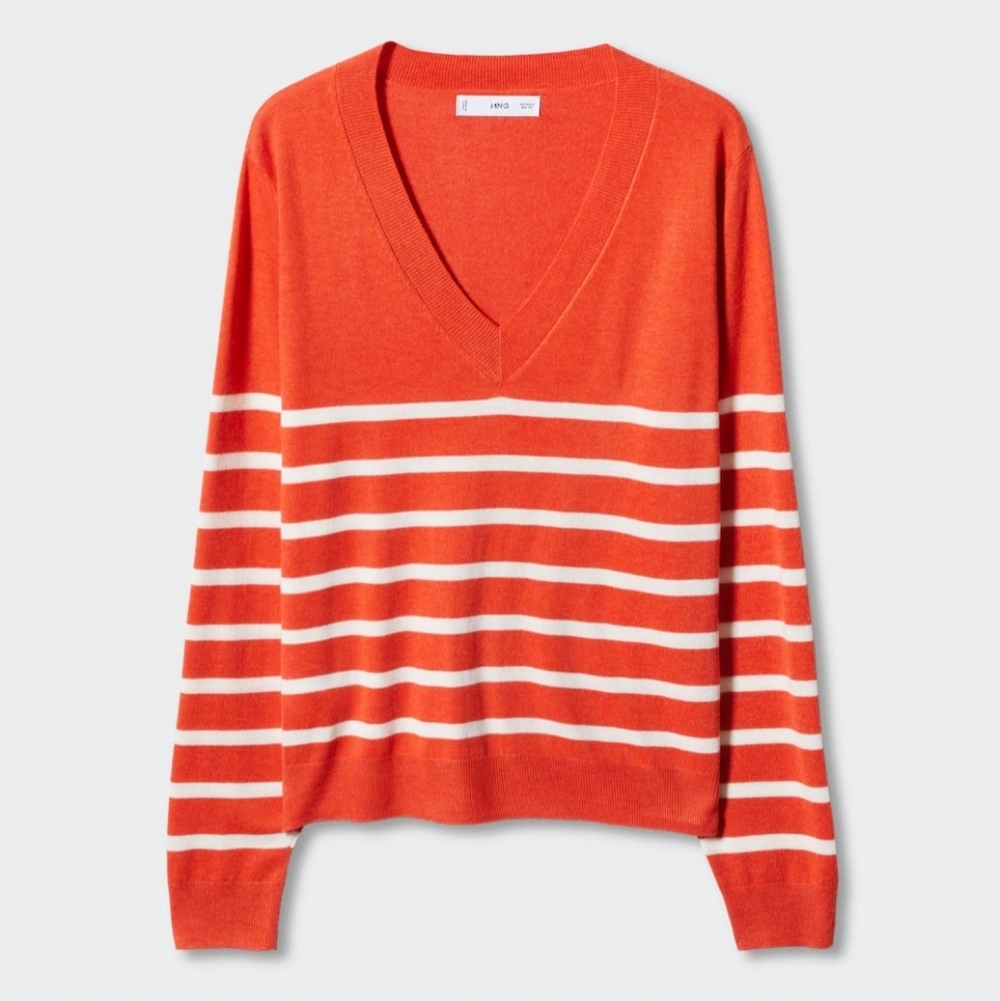 Mango Orange and White Striped V-Neck Sweater